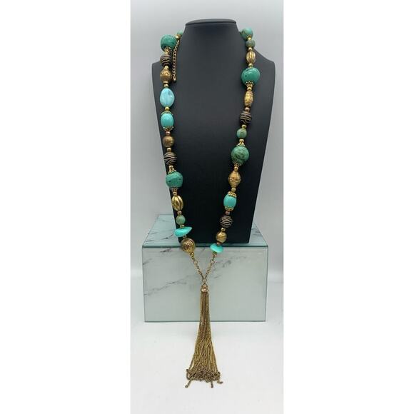 Daisy Fuentes Chunky Necklace Gold Tone Tassel Acrylic Turquoise Colored Beads - Picture 1 of 5